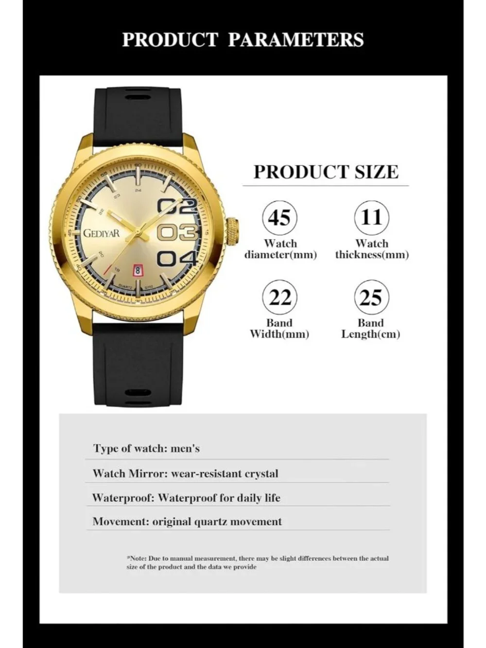 Men's Black And Gold Analog Quartz Silicone Band Waterproof Luminous Wrist Watch